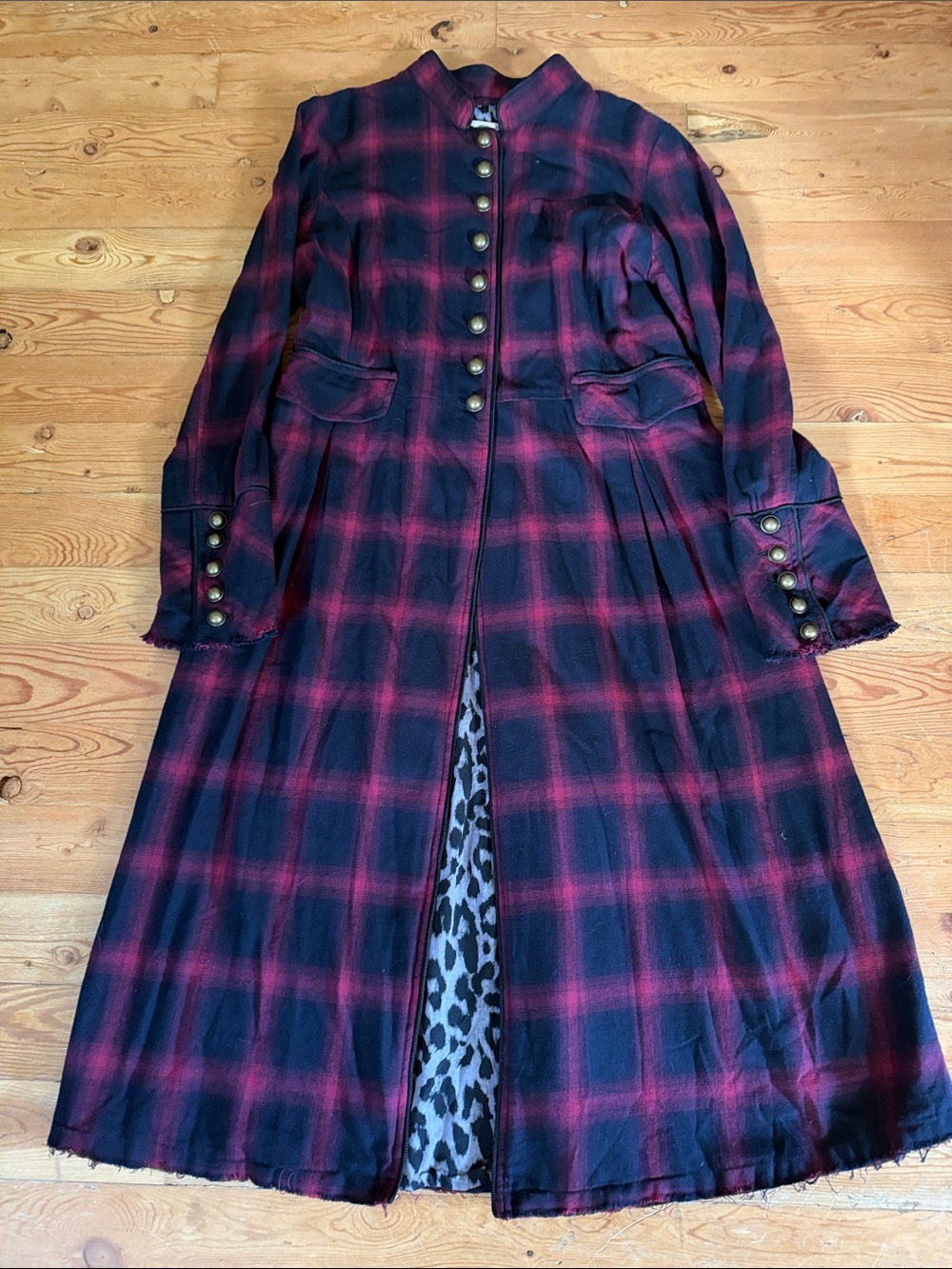 Free People Black and Red Plaid Maxi Coat Dress with Leopard Trim - Picture 1 of 7